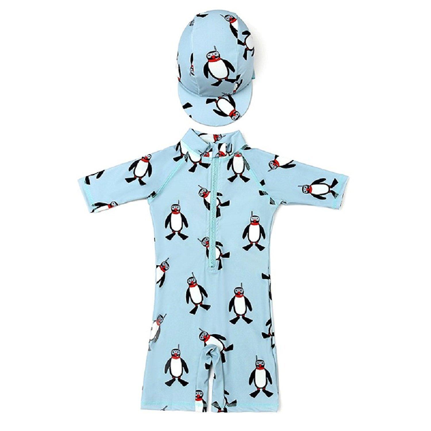 

Young Boys Cute Penguin Swimsuit with Cap, UV Protection, Body-Concealing, Prevents Roll-Up, and Warmth, Sizes 70-120cm, with Cross, Blue (80-90cm)