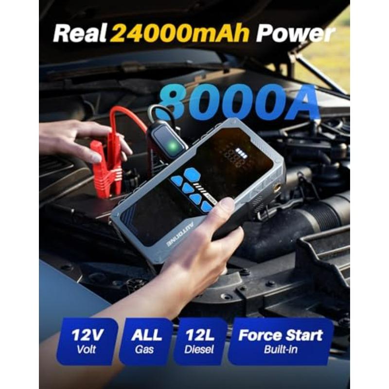 Portable Jump Starter with Air Compressor for All Gas and 12L Diesel Cars 150PSI Tire Inflator LED Flashlight LCD Display Stora