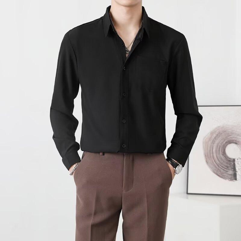 2025 İlkbahar Sonbahar Erkek Düz Renk Günlük Gömlekler Erkek Siyah Slim Fit Turn Down Yaka Gömlek Erkek İş Gömleği