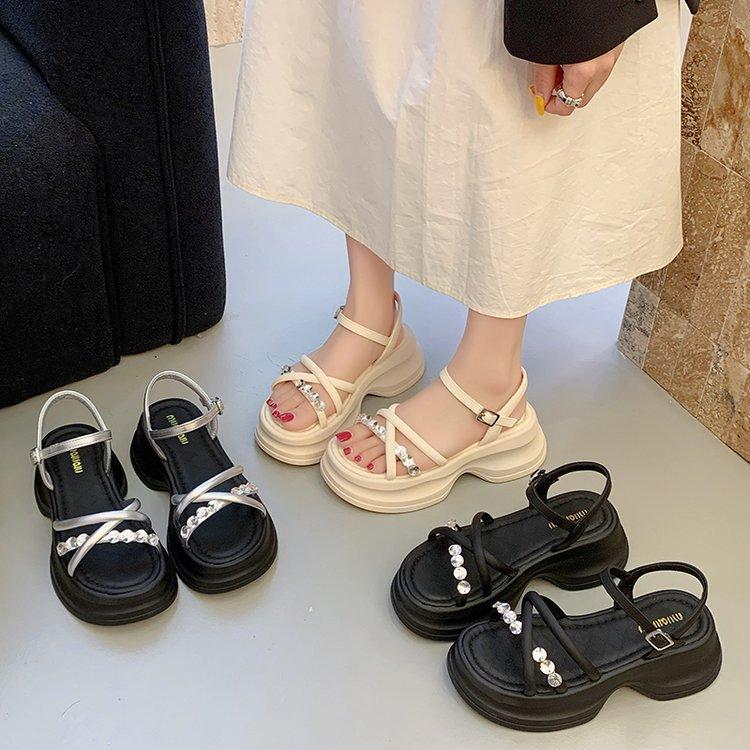 Fairy Feng Rhinestone Cross Strap Square Head Woven Open-toed Sandals Female 2025 Summer Thick-soled Heightening Beach Shoes Women's