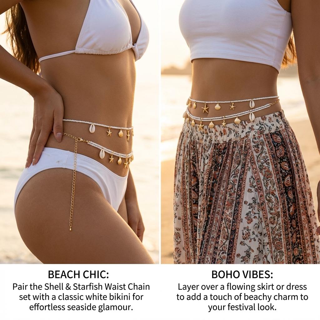 Boho Sexy Fashion Layered Tassel Starfish Waist Belly Chain For Womem Beach Sea Conch Shell Pearl Belt Chains Bikini Jewelry
