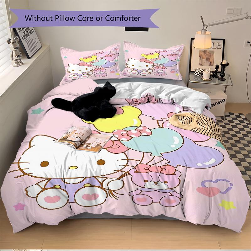 3pcs Bear Balloon & Hello Kitty Sanrio Print Bedding Set (1 Cover + 2 Pillowcases, Without Inserts), Soft and Comfortable W007