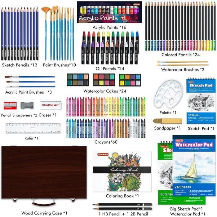 Malette de dessin - shuttle art - 186 pièces - non-toxique - boîte en bois - pour enfants et adultes