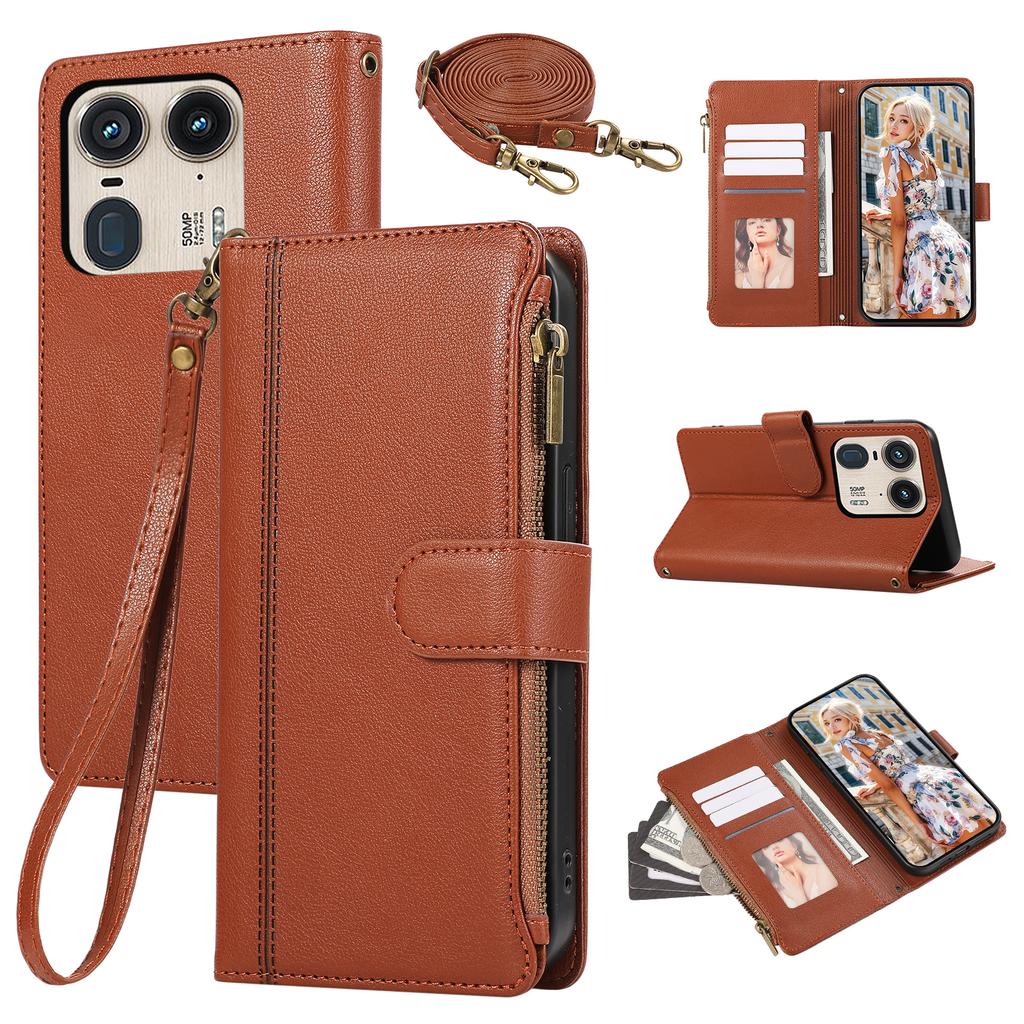 Für Motorola Edge 50 Ultra 5G/Moto X50 Ultra 5G Hülle Mehrere Kartenfächer Reißverschluss Leder Handyhülle mit Schultergurt/Handschlaufe