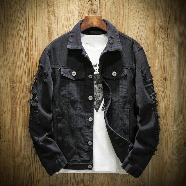 

2026 Autumn New Men s Jean Jacket Slim Fit Cotton Denim Jacket Red White Black Ripped Hole Jean Coats Men Outwear Plus Size XXXL чорний