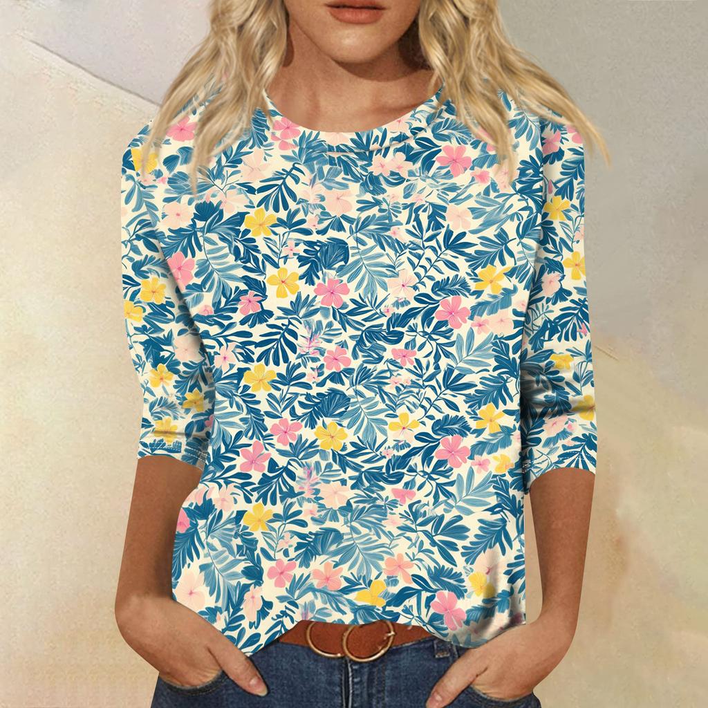 Módní vintage top s 3/4 rukávem pro ženy, dámská ležérní halenka s tříčtvrtečním rukávem a kulatým výstřihem s potiskem