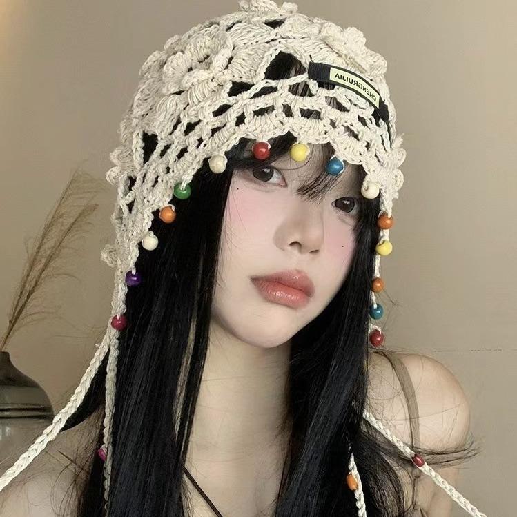 Tassel Knitted Head Hat for Women Retro Hollow Ethnic Style Pullover Hat Handmade Knit Hat