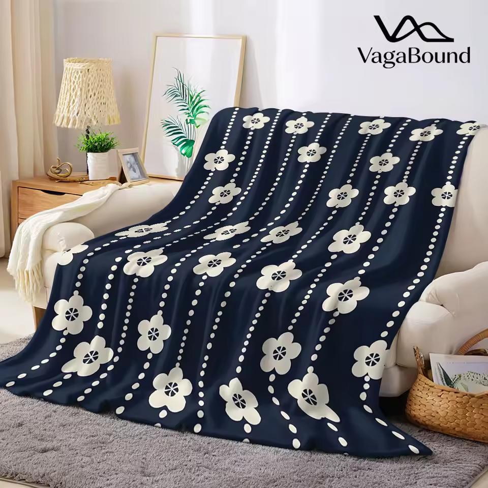Navy Beaded Floral Flannel Blanket Warm Soft Halloween Christmas Decorative Couch Warm Cozy All-Season Gift