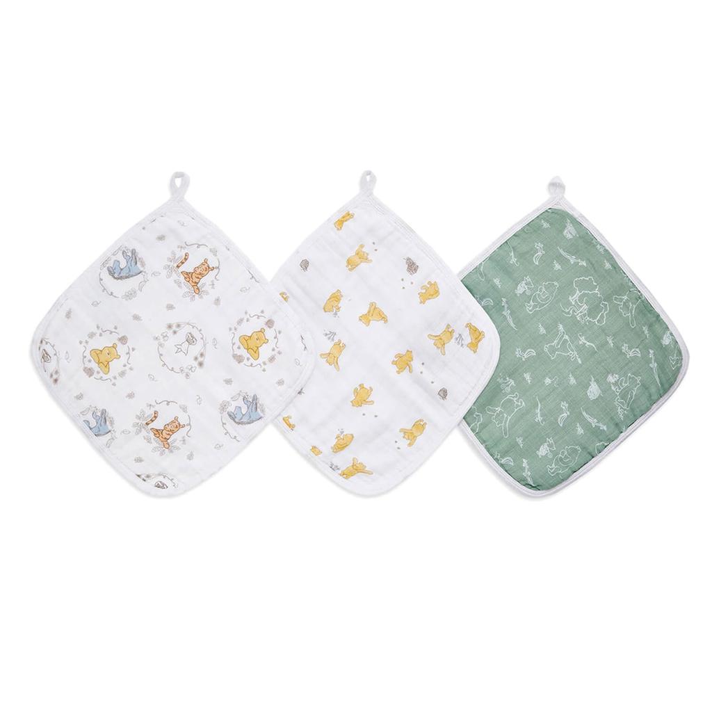 aden anais essentials Washcloth Disney Winnie the Muslin Soft to the Gauze Baby WCADAEDEWCC30008DIJB + Set, 3-Piece Set, Pooh, Cotton, Breathable,
