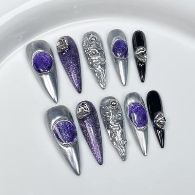 Handmade Press-On Nails Long Stiletto Shape Embossed Design Sparkly Metallic Retro Sweet Punk Style Nail Tips