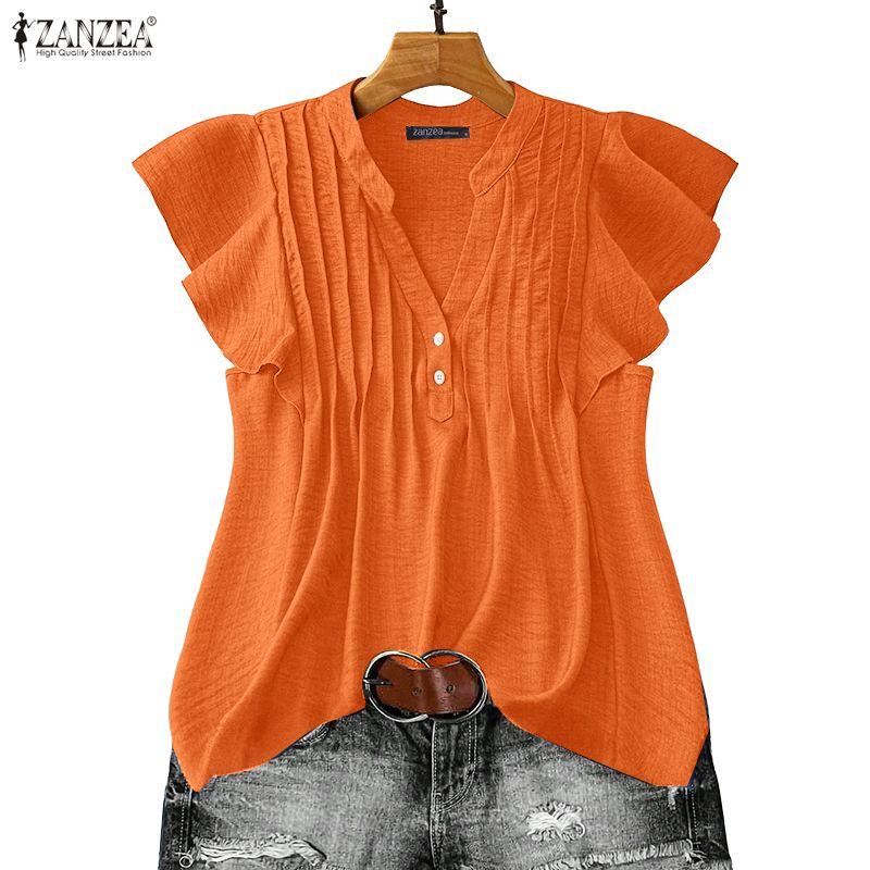 ZANZEA Women Casual V-Neck Ruffles Short Sleeve Blouse