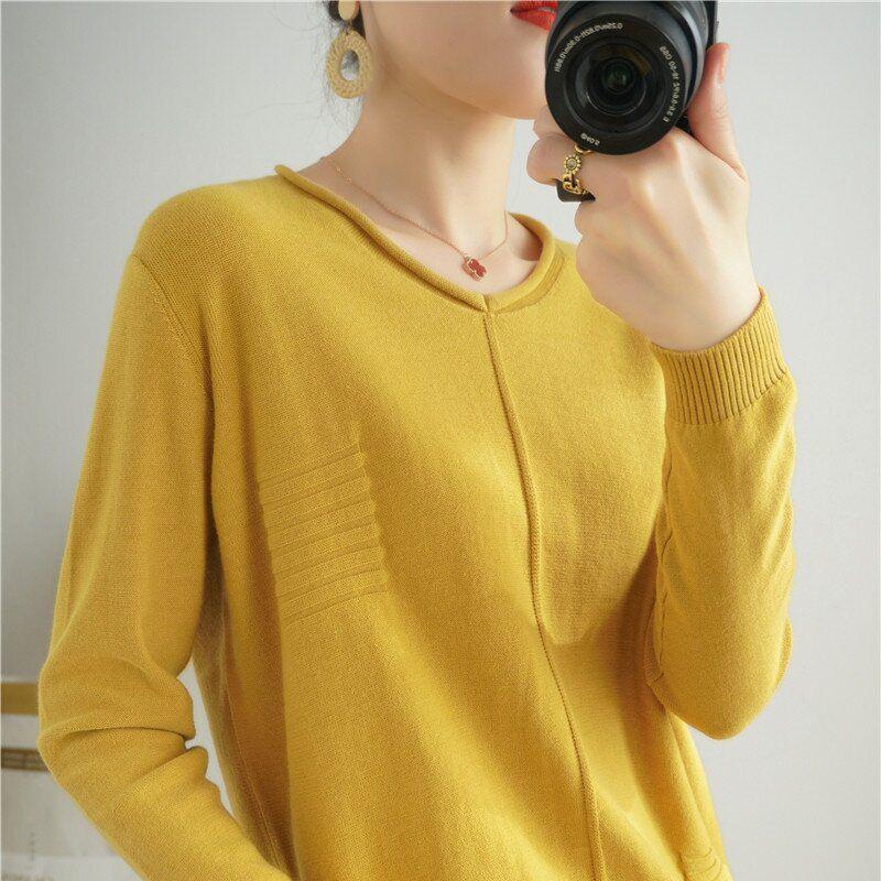 Baumwollpullover im koreanischen Stil mit gerolltem Saum und Rundhalsausschnitt für Damen, langärmlig und locker geschnitten