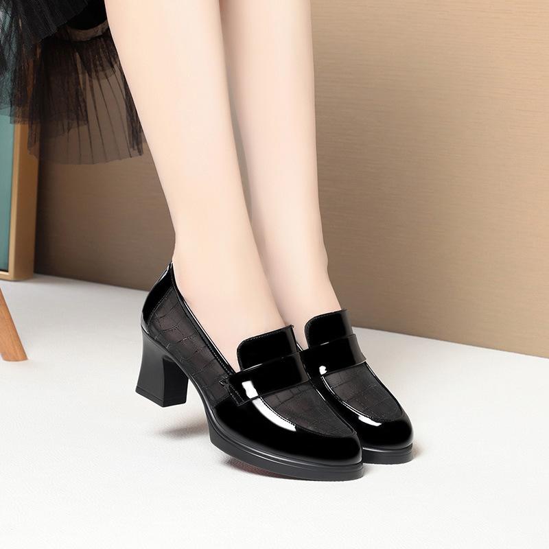 British Style Summer Single Shoes High Heels Waterproof Platform Thick Heel Loafers Mesh Breathable Middle-Aged Leather Shoes