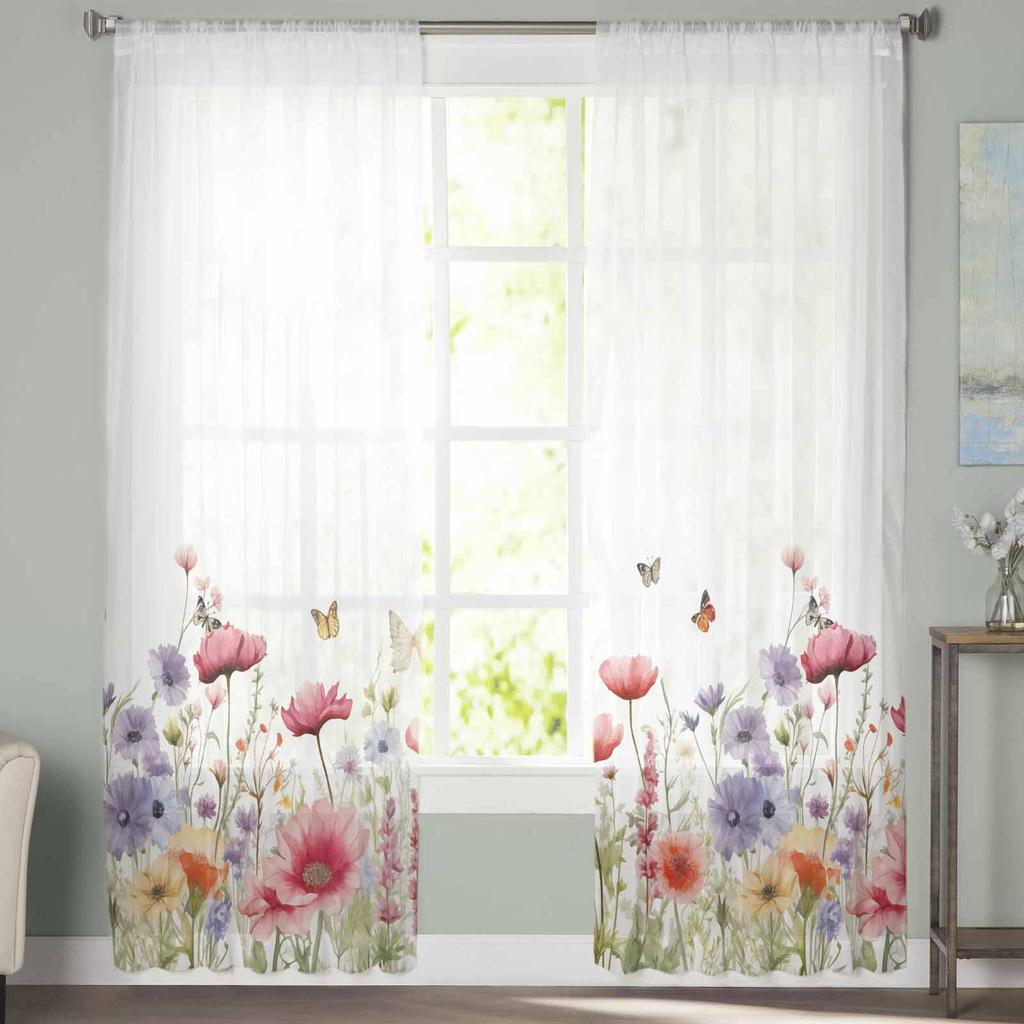 Kwiaty akwarelowe Rośliny Motyle Lawenda Stokrotki Tiulowe Zasłony Okien Sypialnia Luksusowe Zasłony w Salonie Panele Szyfonowe