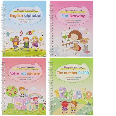 4 Pièces Poster Magique Effaçable pour Enfants avec Caractères Encastrés pour l'Écriture, Pratique des Caractères