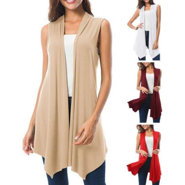 Sommer Damen Ärmellose Leichte Strickjacke Weste Einfarbig Offen Vorne Drapierter Mittellanger Asymmetrischer Saum Weste Mantel