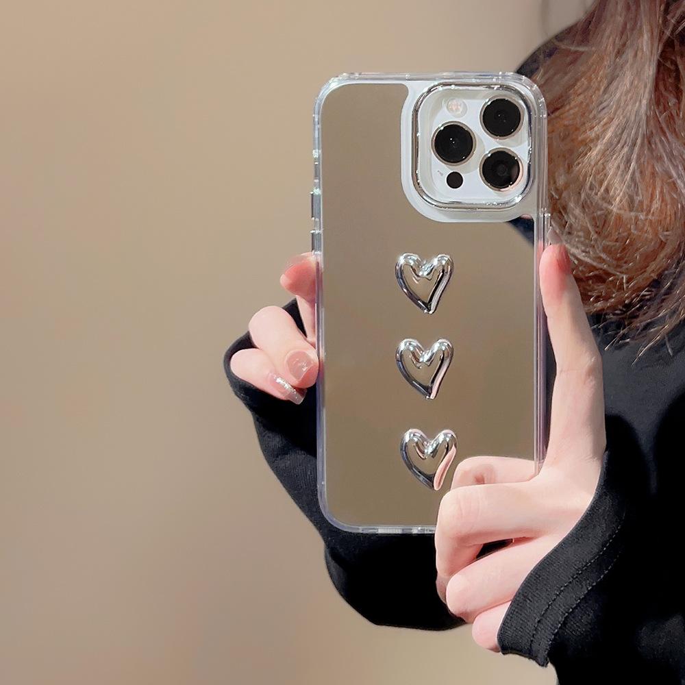 Metallic 3D Heart 17 Case for iPhone 11, 15 Pro Max, 16, 14 - Light Luxury Style, Mirror Finish, Trendy