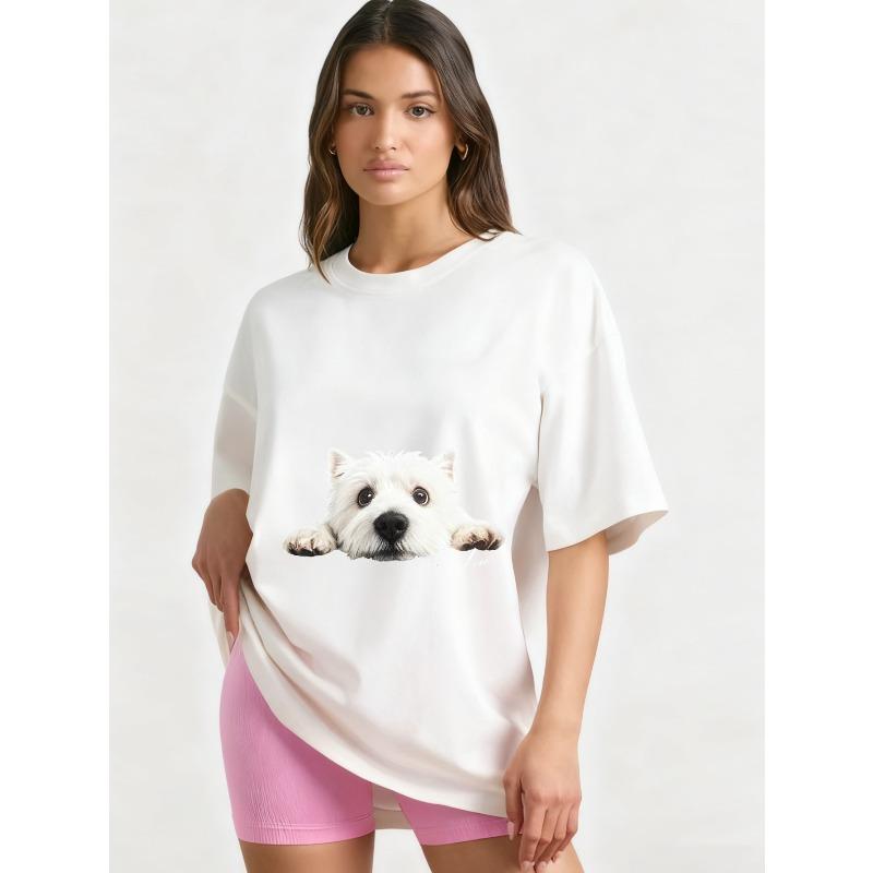 Oversized T Shirt Black Westie Dog Print Casual Wear for Women Everyday Outfit Streetwear Fashion Statement Top