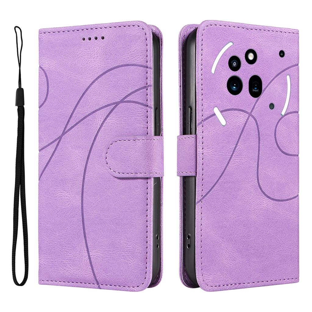 For Nothing Phone (3a) Pro Wallet Case Leather Phone Cover Stand with Curved Line Design -  Black