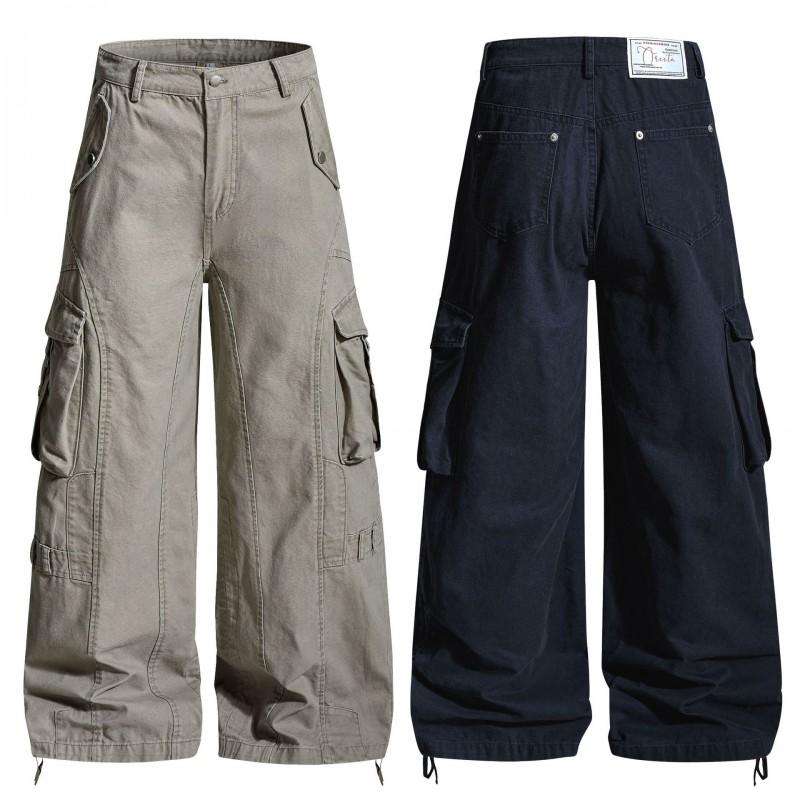 Unisex Retro Cargo Pants Loose Wide Leg Workwear Style Cotton Trousers Daily Casual Wear