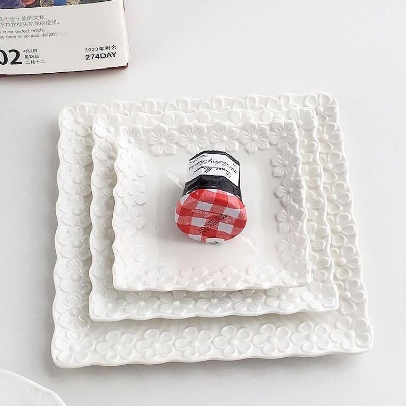 Reinweißer Reliefkeramikteller, Kirschblüten-Snack, Unterglasur-Dim-Sum-Teller, Hot-Pot-Dip-Material, französischer Stil