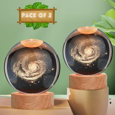 Galaxy Crystal Ball Night Lamp - Engraved USB Table LED Wooden Light for Home Office Decoration and Birthday Gift (Galaxy)(Pack of 2, Warm White)