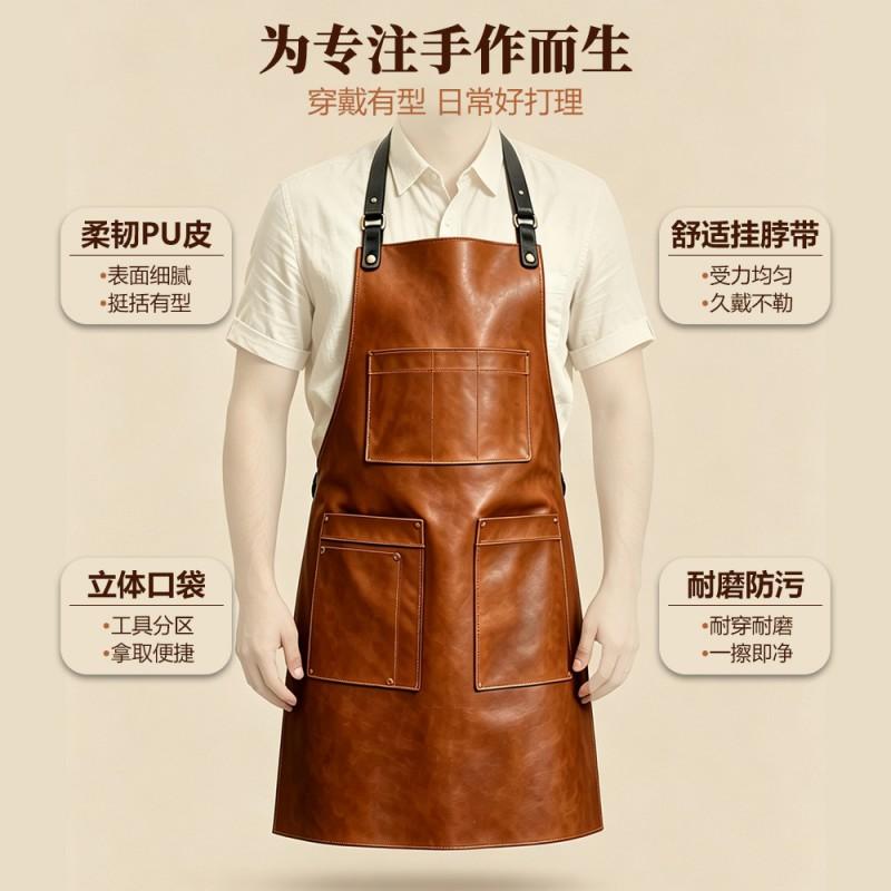 Unisex PU Leather Work Apron Waterproof Durable Multi Pocket Coffee Shop Kitchen
