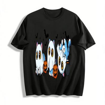 Halloween Ghost Cat Print Kids Top Cute Pumpkin Bat Pattern Boys Girls Festival Casual T-shirt Pure Cotton T-shirt
