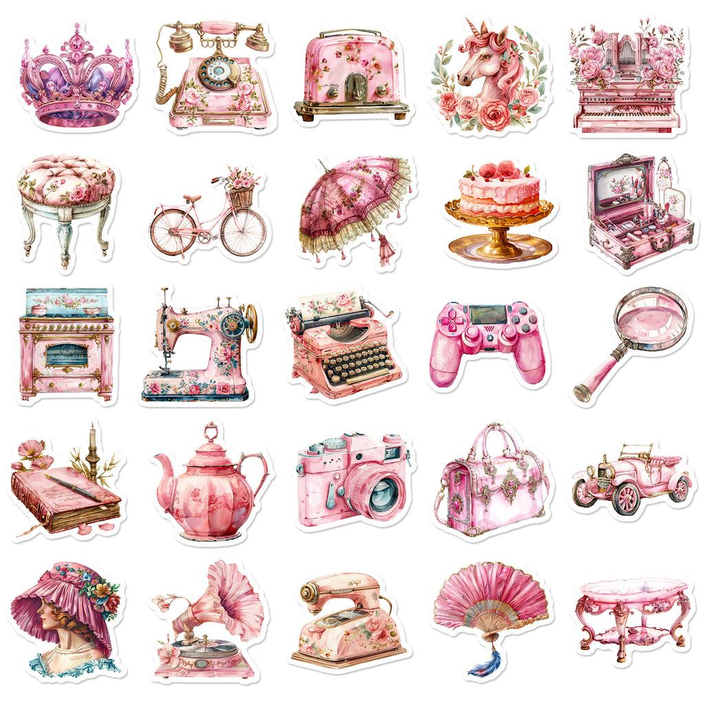 50 Pink Objects Retro Girl Heart Stickers DIY Hand Tent Suitcase Notebook Helmet Stickers Waterproof Stickers