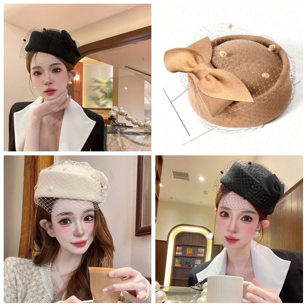 British Style Pillbox Hat Cashmere Stewardess Cap Vintage Wool Bow Hat with Veil  Wedding