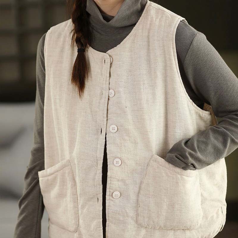 Vest for Women Cotton Autumn Winter Sleeveless Tops Vest Oversize Solid Color Vintage Large Pocket Sleeveless Vest Thickened Vest