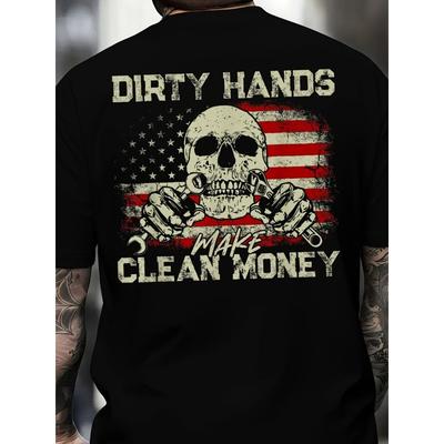 European Size DIRTY HANDS Skull Graphic Tee - Bold White Distressed Print Featuring Skull and Tools with American Flag Background - Unique Casual