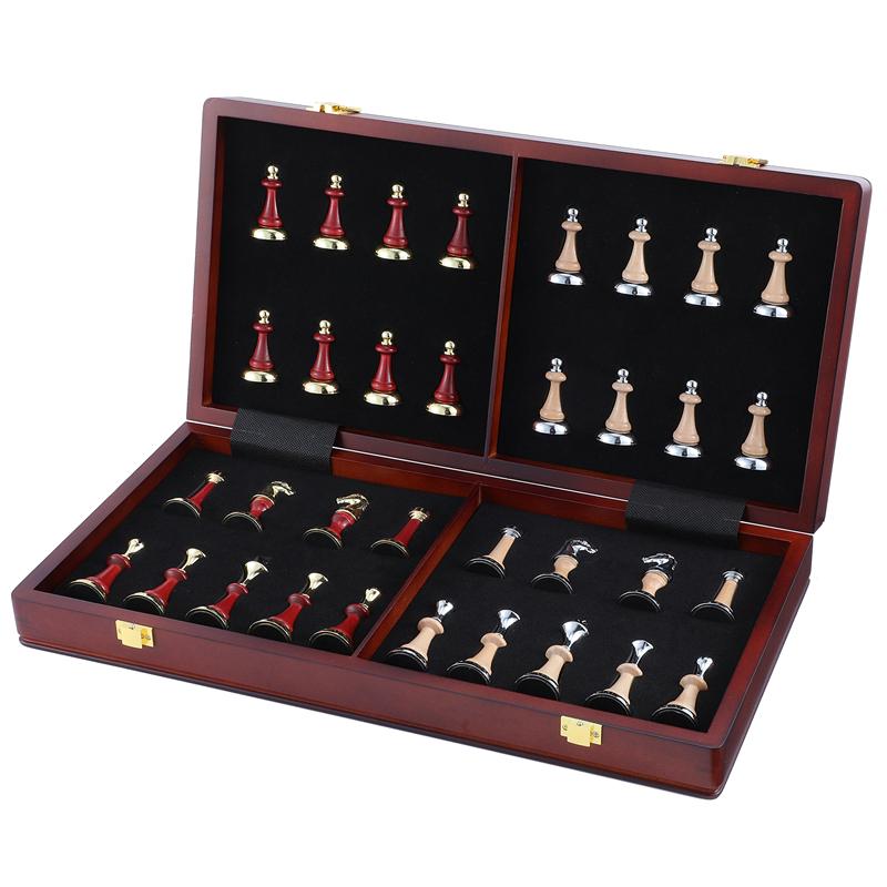 Extra-Large Chess 45Cm/ 17.7-Inch Wooden Folding Chessboard, High-End Metal Large Zinc Alloy + Wooden Chess Pieces High-End Gift