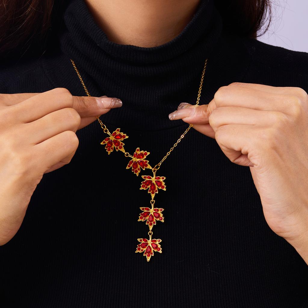 Luxury Red Zircon Maple Leaf Bracelet Necklace Set For Women Korean Earrings Stud Clavicle Chain Necklace Party Jewelry Set