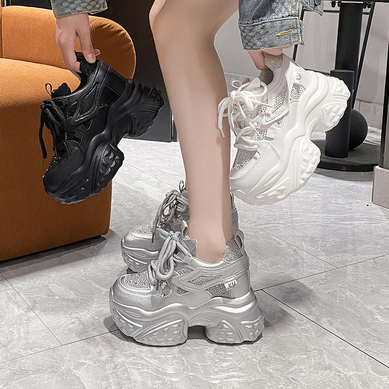 Fashion 10CM Women Casual Platform Sneakers High Heels 2025 New Autumn Sports Leather Shoes Bling Trainers Chunky Sneakers Zapatos Mujer