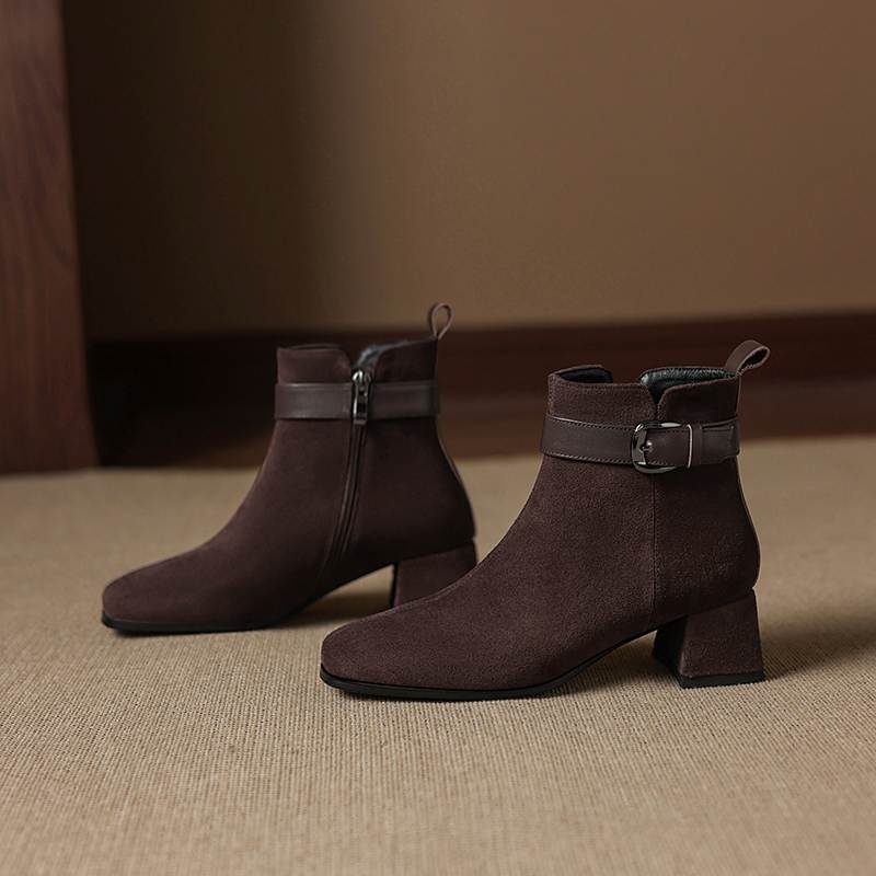 Krazing Pot Cow Suede Nubuck Square Toe Thick Heels Chelsea Boots Size 42 Zip Beauty Lady Women Ankle Boots