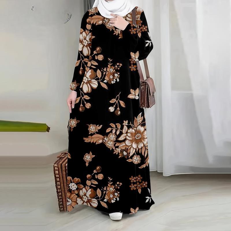 

Women s dresses, elegant, outdoor street fashion, muslin dresses, long sleeve dresses, floral prints, casual maxi dresses, 5XL помаранчевий