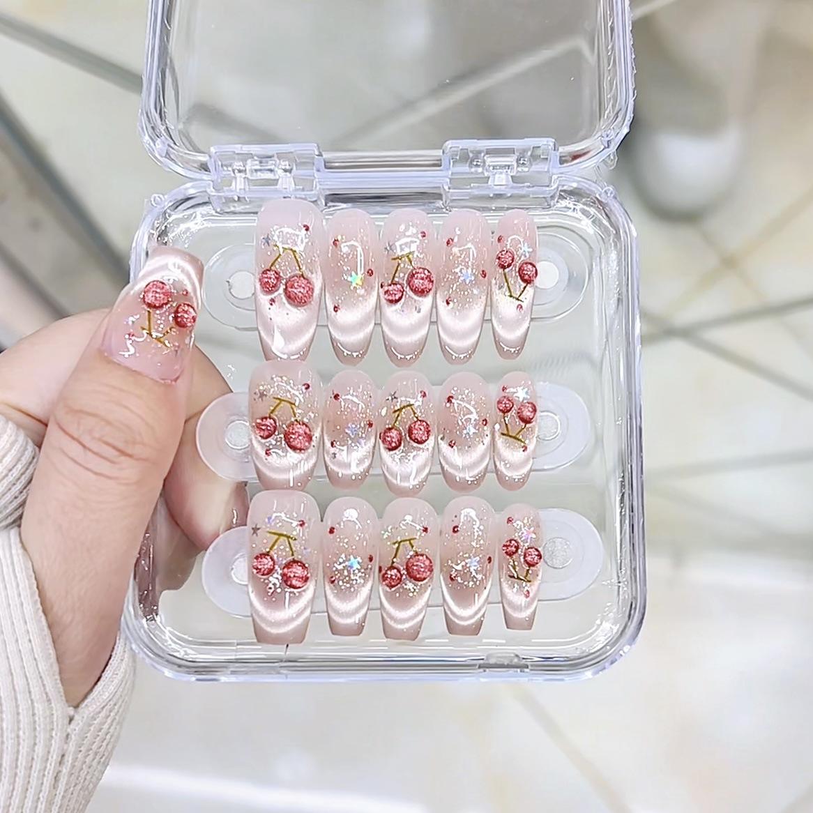 

Hand-woven Armored Cat Eye Cherry Three-dimensional Hand-painted Big Cherry French Cat Eye High-end Manicure Sticker large L