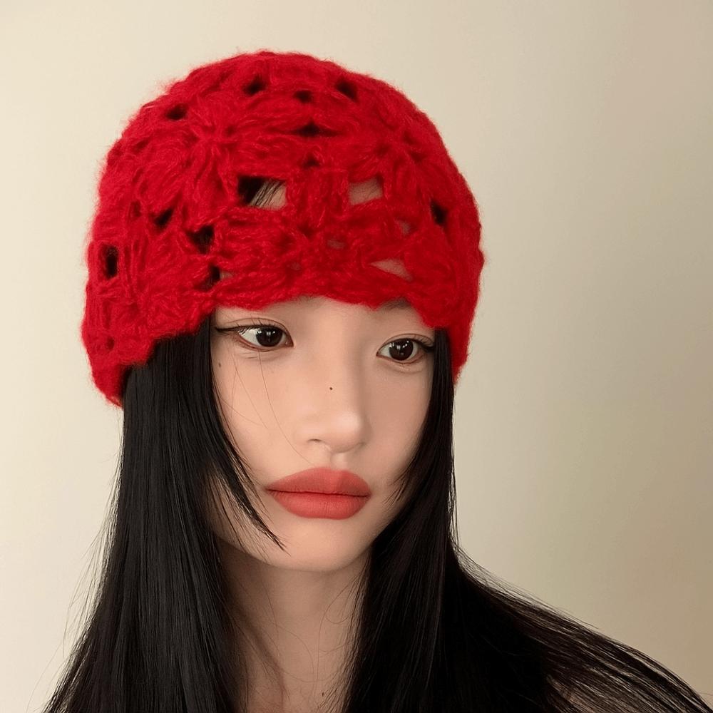 Solid Color Crochet Flower Hat Hollow Beanies Cap Cute Knitted Pullover Hat Ladies