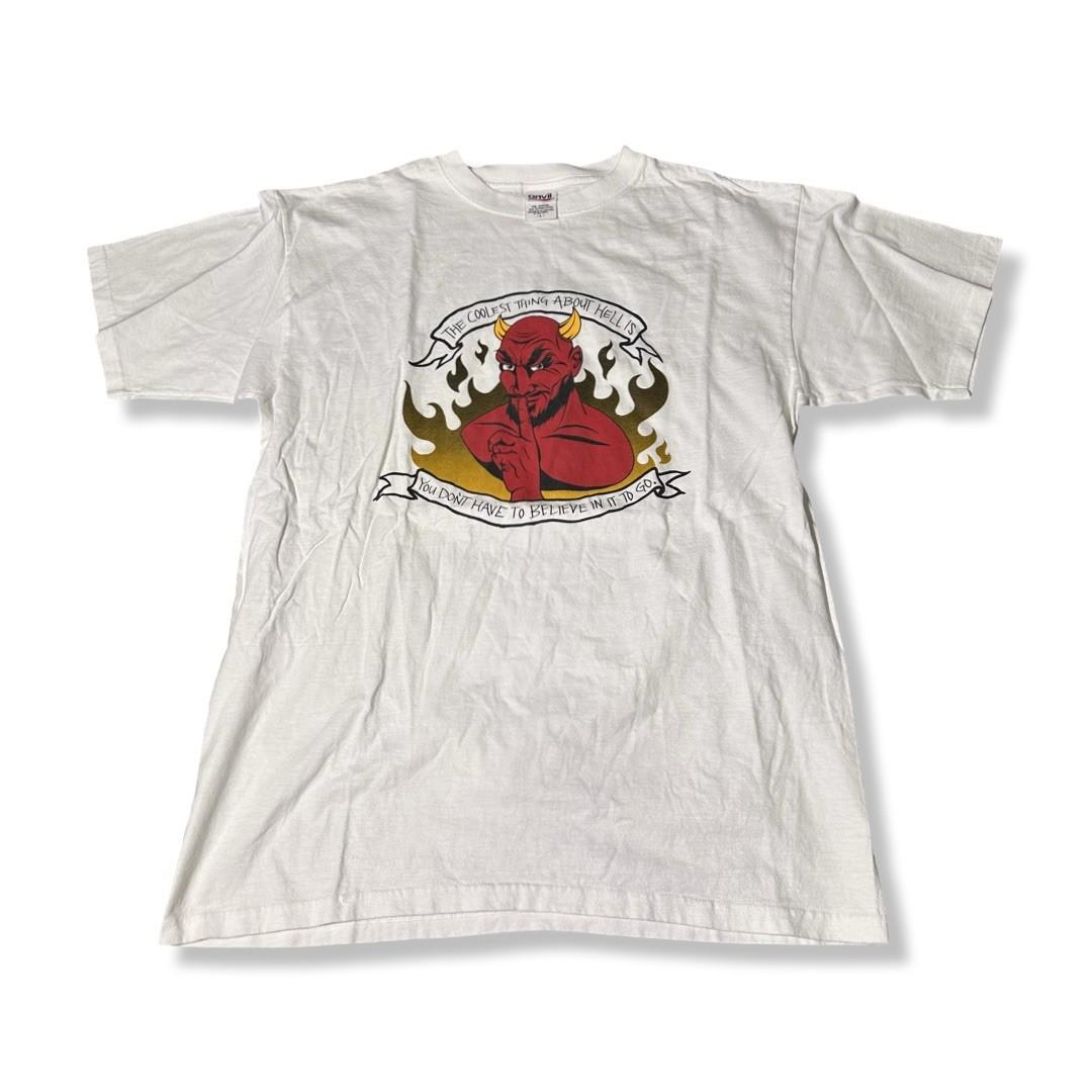 Vintage Y2K Devil Graphic T  Mens Large White Funny Hell Quote Tee Jesus Unisex T-Shirt XXXXL