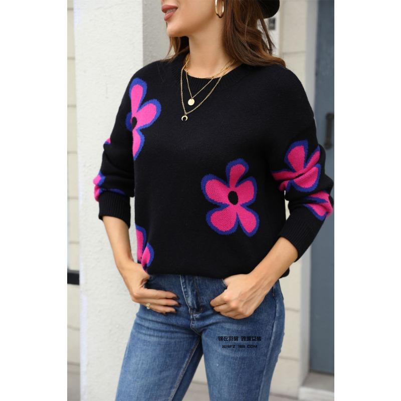 Neuer lockerer Pullover mit Jacquardmuster für Damen, trendiger kontrastfarbiger Rundhals-Pullover