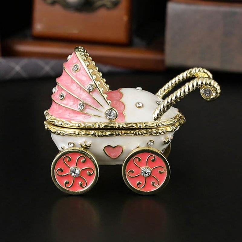 Sturdy Flip Top Enamel Coated Rhinestones Studded Jewelry Organiser Baby Carriage Shape Trinket Storage Box