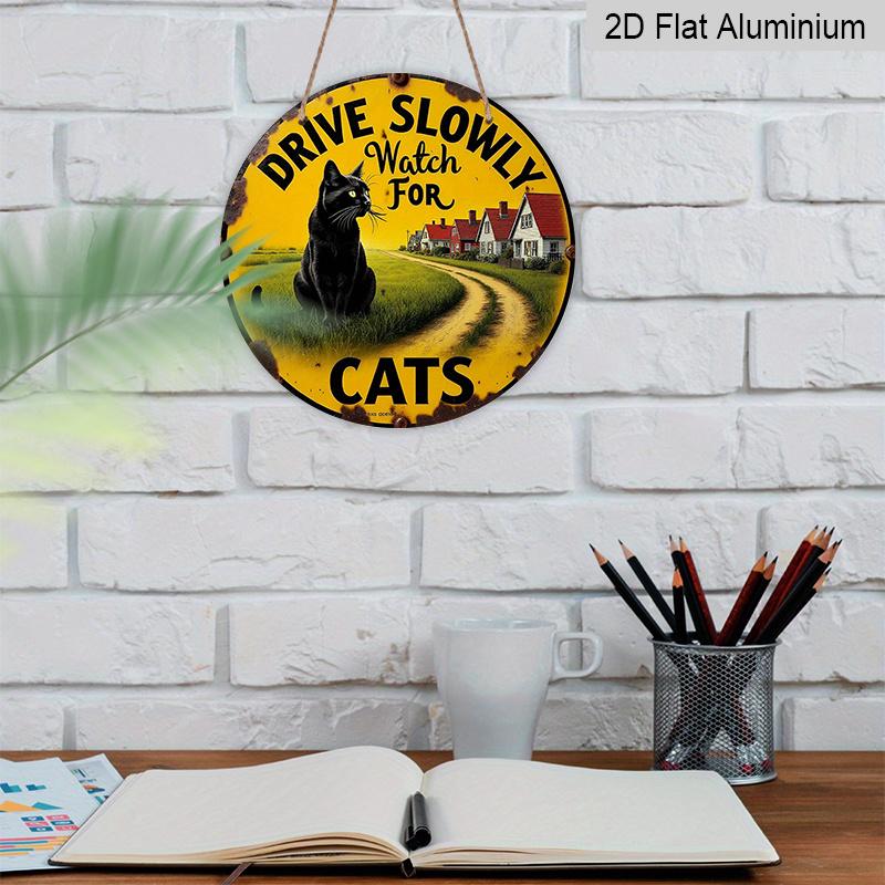 2D Flat, 1pc Vintage Cat Warning Sign - Drive Slowly Watch for Cats - Aluminum Metal Plaque - Retro Farmhouse Decor - Black & Yellow Safety