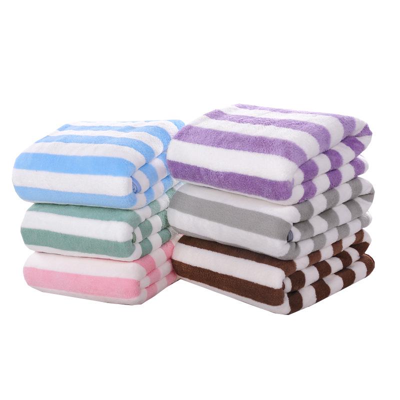 Quick-Drying Striped Coral Fleece Bath & Face Towels - Soft & Absorbent for Hotel, Salon, or Beach Use