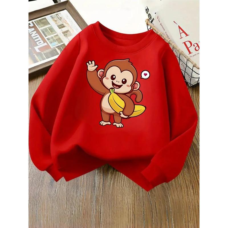 European sizes Cute Monkey Banana Wave Heart Kids' Fashionable Crewneck Sweatshirt, children's long sleeved, casual multi colored