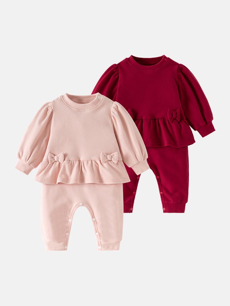 Wine Red Baby Girl Thermal Fleece Onesie: Autumn/Winter Crawling Suit Gift for 100-Day Celebration