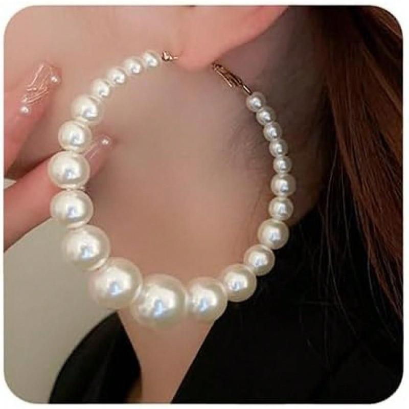 1pc Elegant Statement Pearl Hoop Earrings – Oversized Circular Hoops Lavishly Adorned With Lustrous Faux Pearls In A Graduated Design, Lightweight