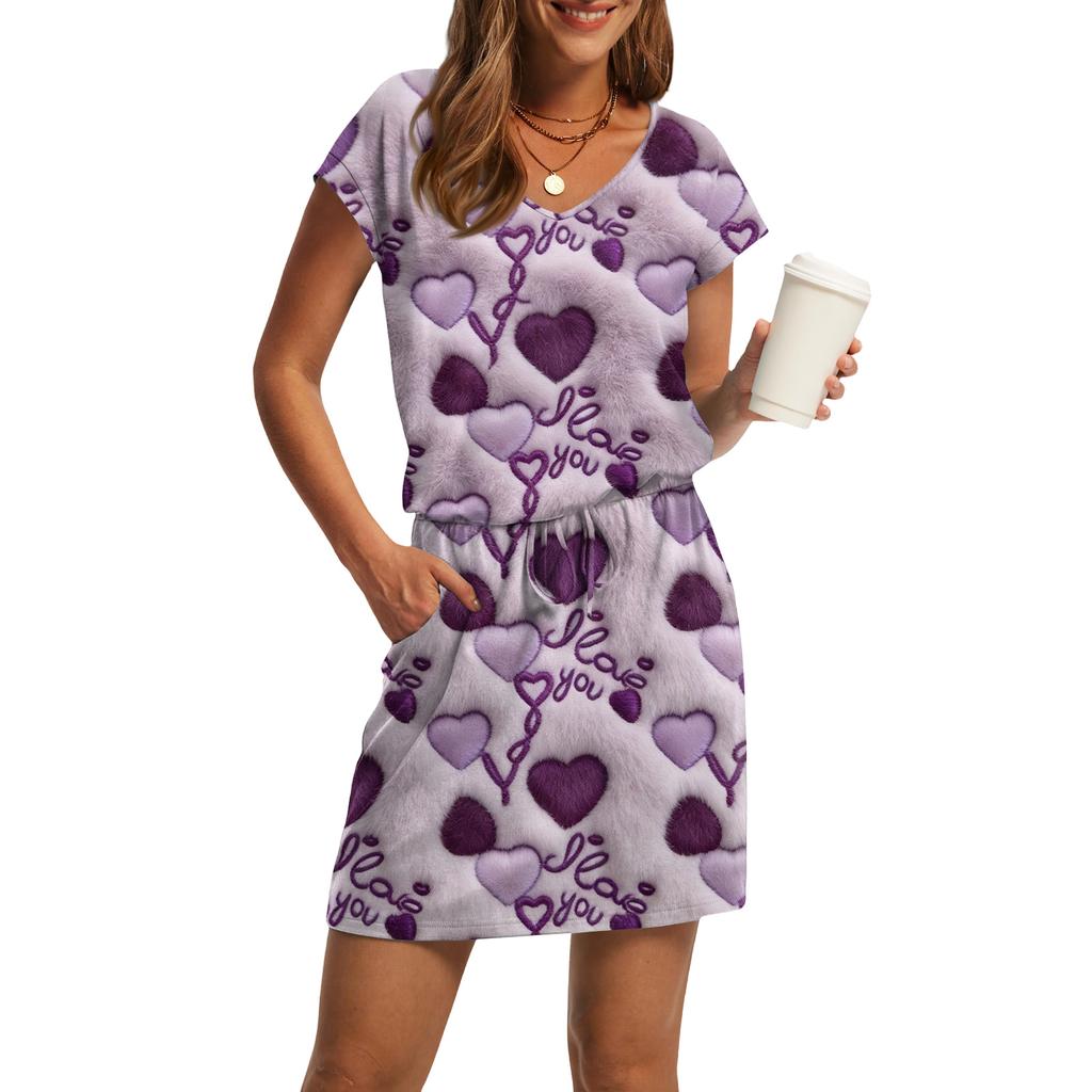 Women's V,Neck Short,Sleeve Drawstring Pocket Valentine's Day Print Casual Dress