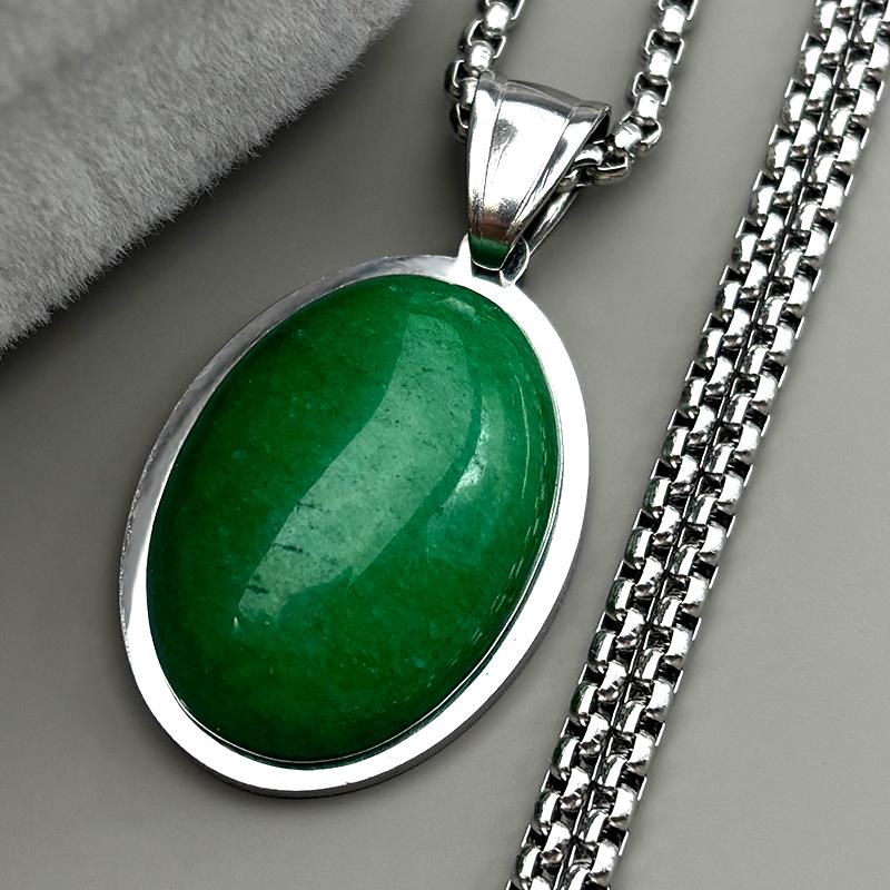 Trendy Natural Stone Female Chain For Women Men Stainless Steel Green Oval Shape Elegant Party Elegant Charm Necklace Jewelry