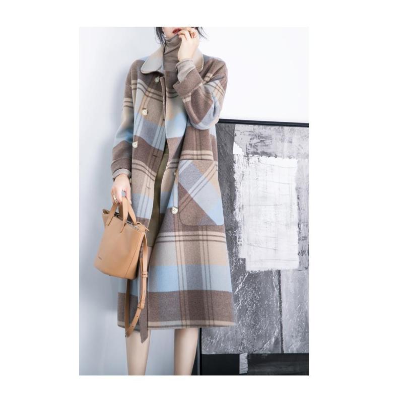 Tooxika Plaid Woolen Coat Winter New Style Over Knee Double-breasted Large Pockets Loose Mid-length Coat